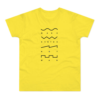 Yellow t-shirt with black text and synth waveforms that read "MAKE SYNTHS NOT WAR".