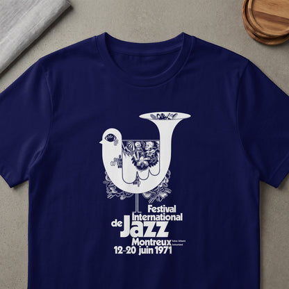 Montreux Jazz Festival 1971 shirt featuring a stylized dove design with musicians.