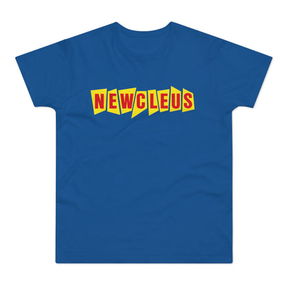 Blue t-shirt with yellow and red "NEWCLEUS" text logo.