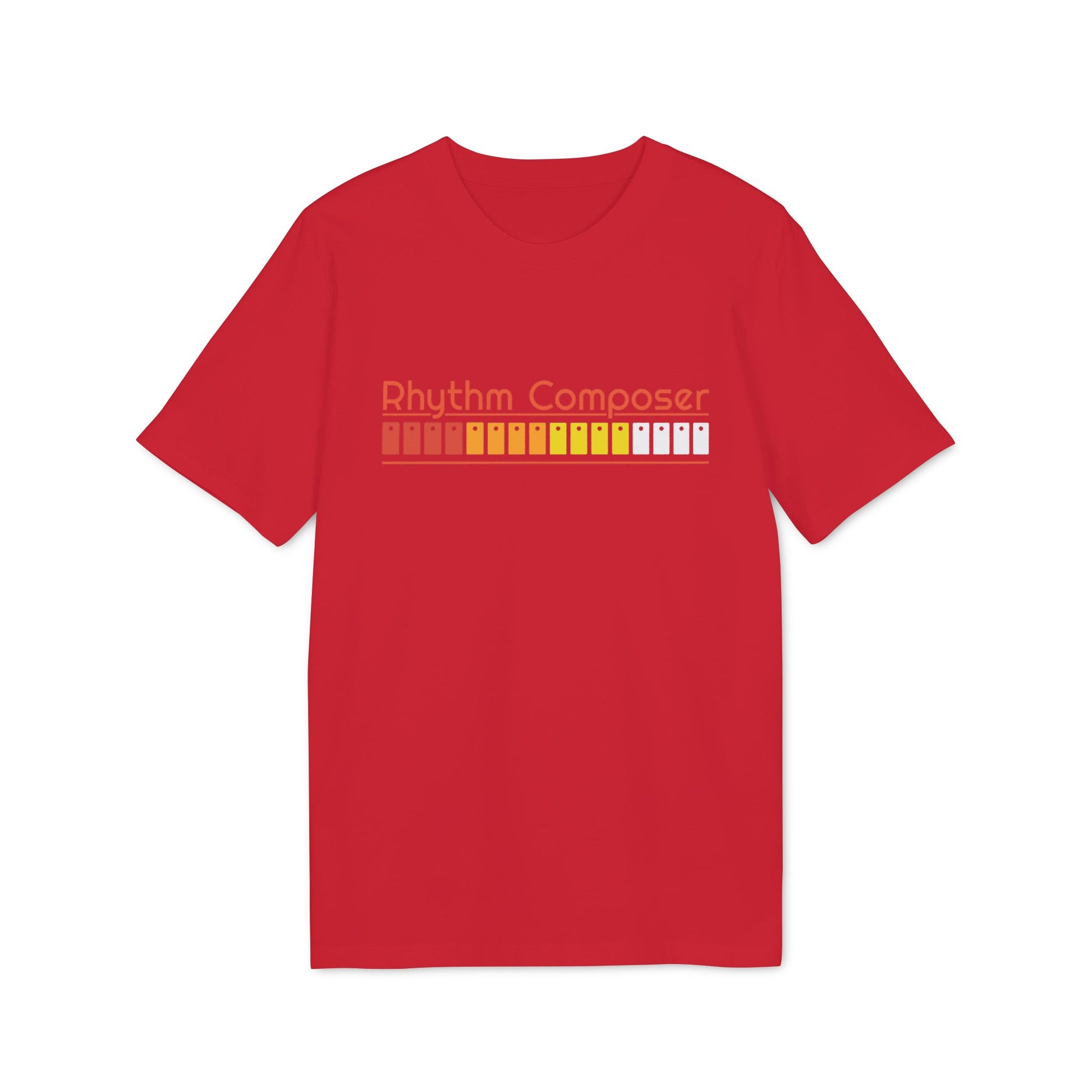 Red t-shirt with "Rhythm Composer" text and colorful bar graph graphic.