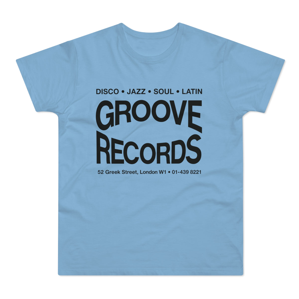 Light blue t-shirt with black text "Groove Records" and address.