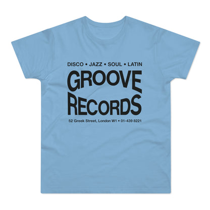 Light blue t-shirt with black text "Groove Records" and address.