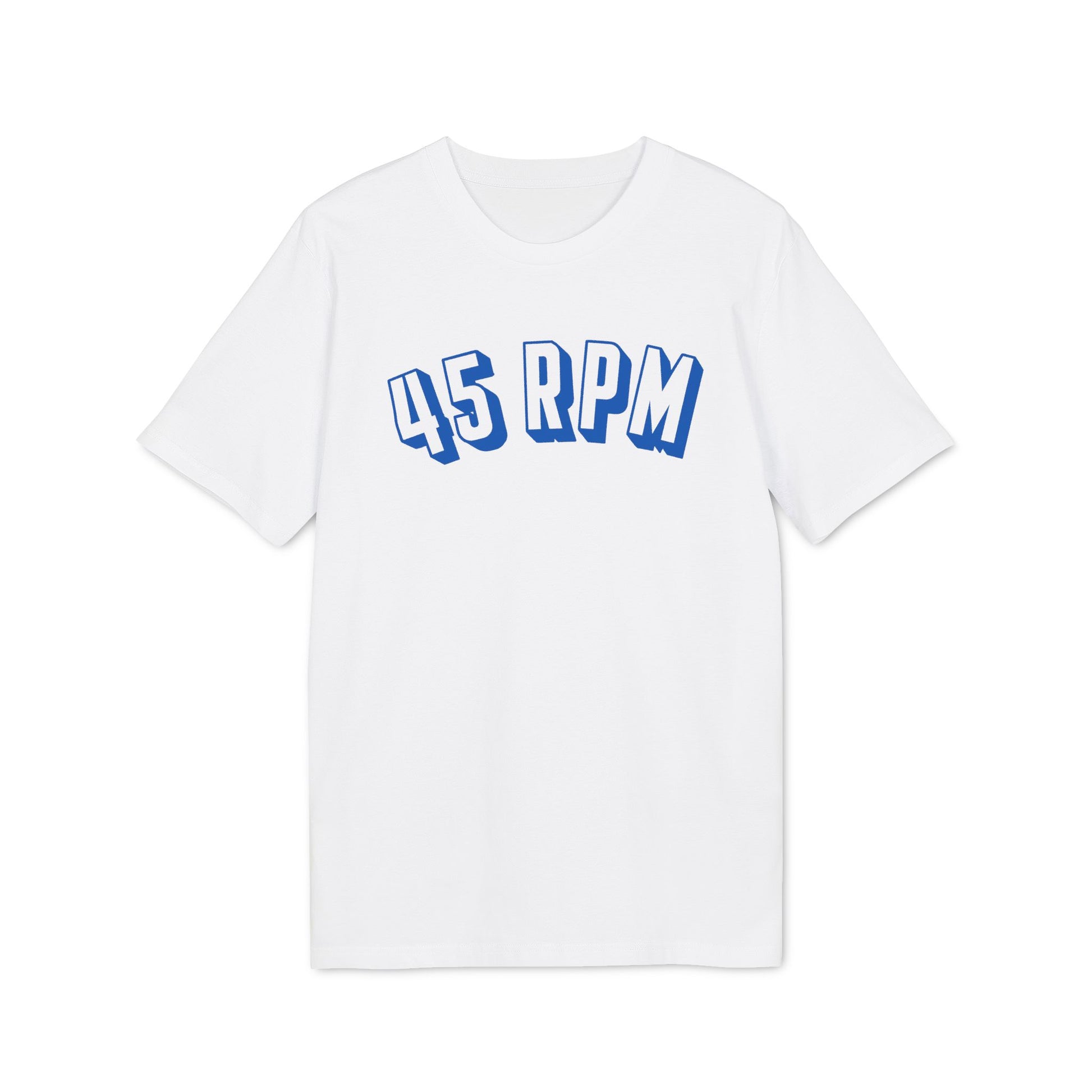 White t-shirt with blue 45 RPM text in block lettering.