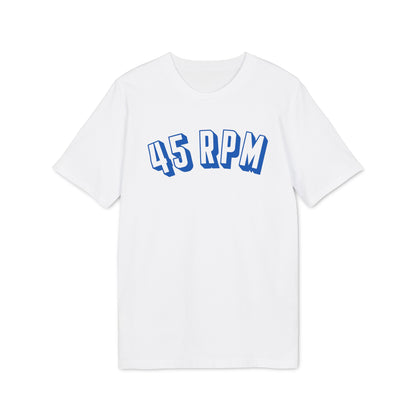 White t-shirt with blue 45 RPM text in block lettering.