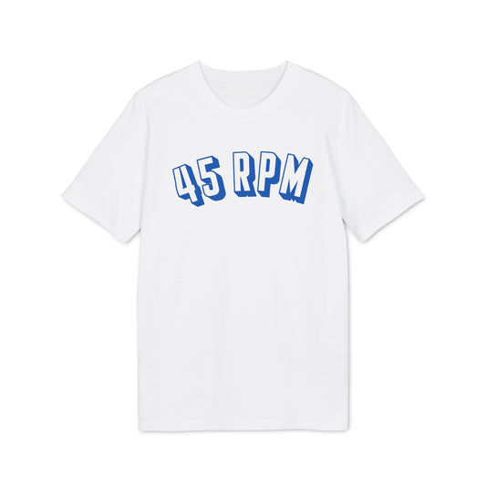 White t-shirt with blue 45 RPM text in block lettering.