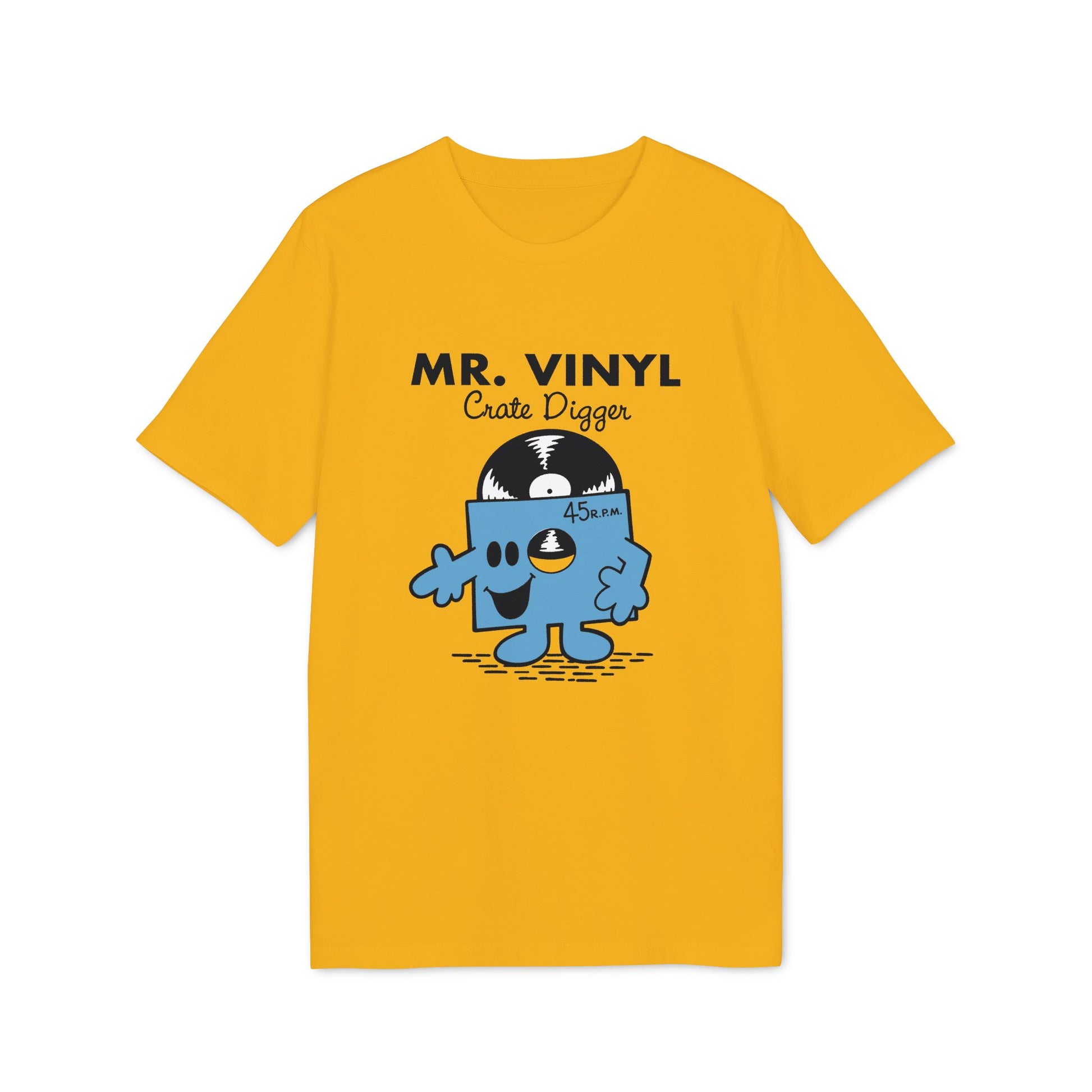 Yellow t-shirt with "MR. VINYL Crate Digger" and a blue vinyl record character.