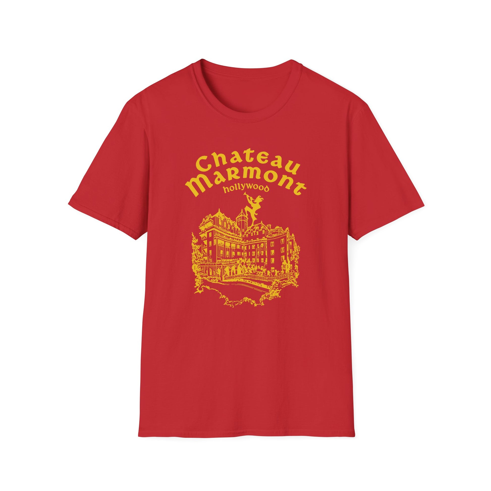 Red t-shirt with yellow graphic of Chateau Marmont building and text.