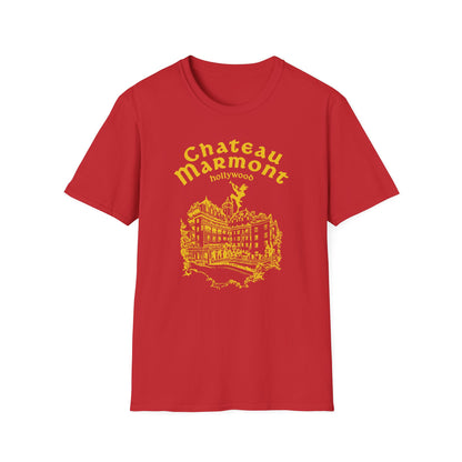 Red t-shirt with yellow graphic of Chateau Marmont building and text.
