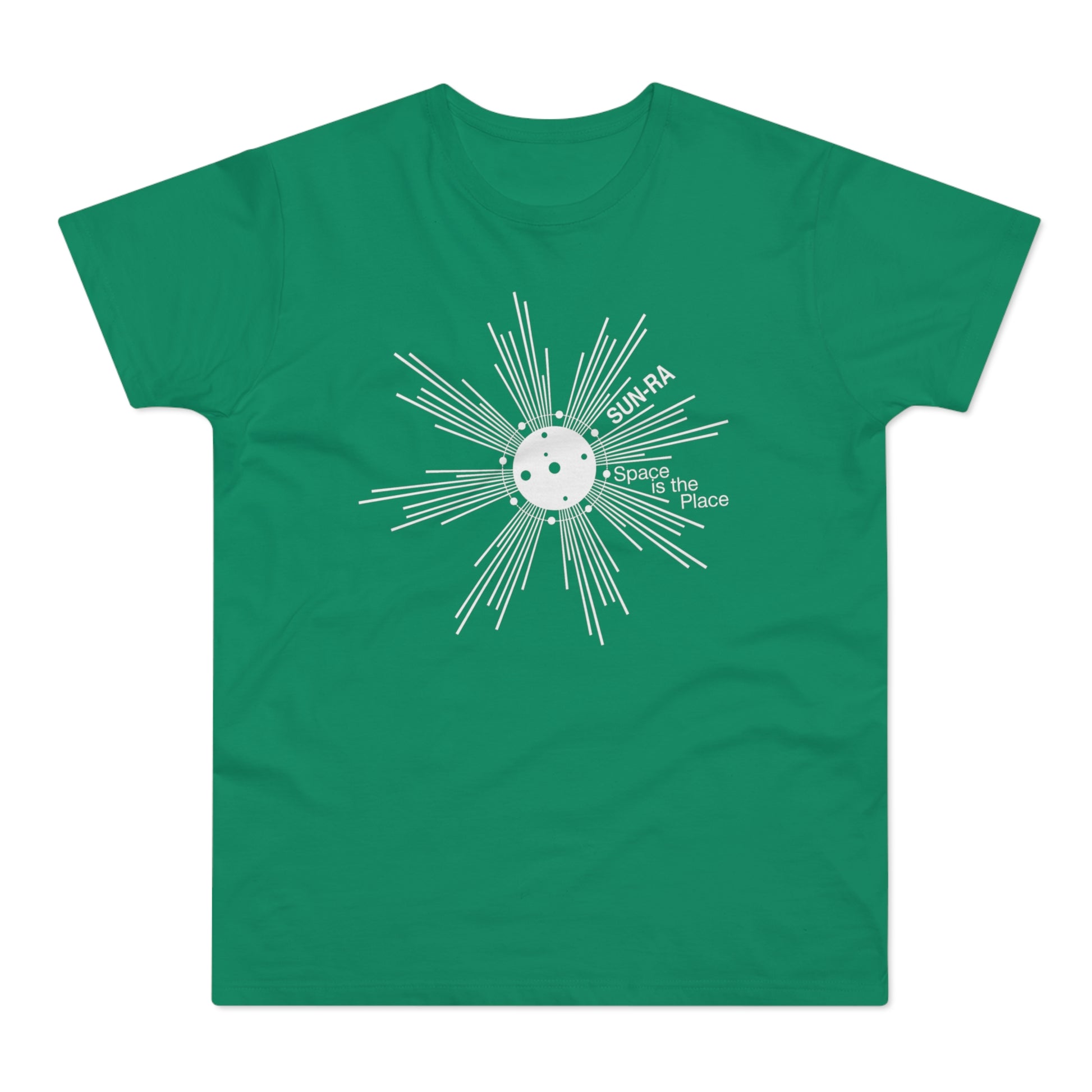Green t-shirt with white Sun-Ra graphic and text "Space is the Place".
