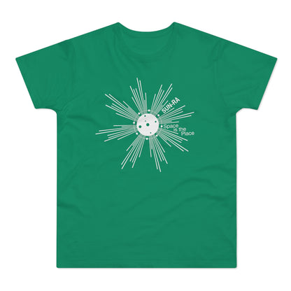 Green t-shirt with white Sun-Ra graphic and text "Space is the Place".
