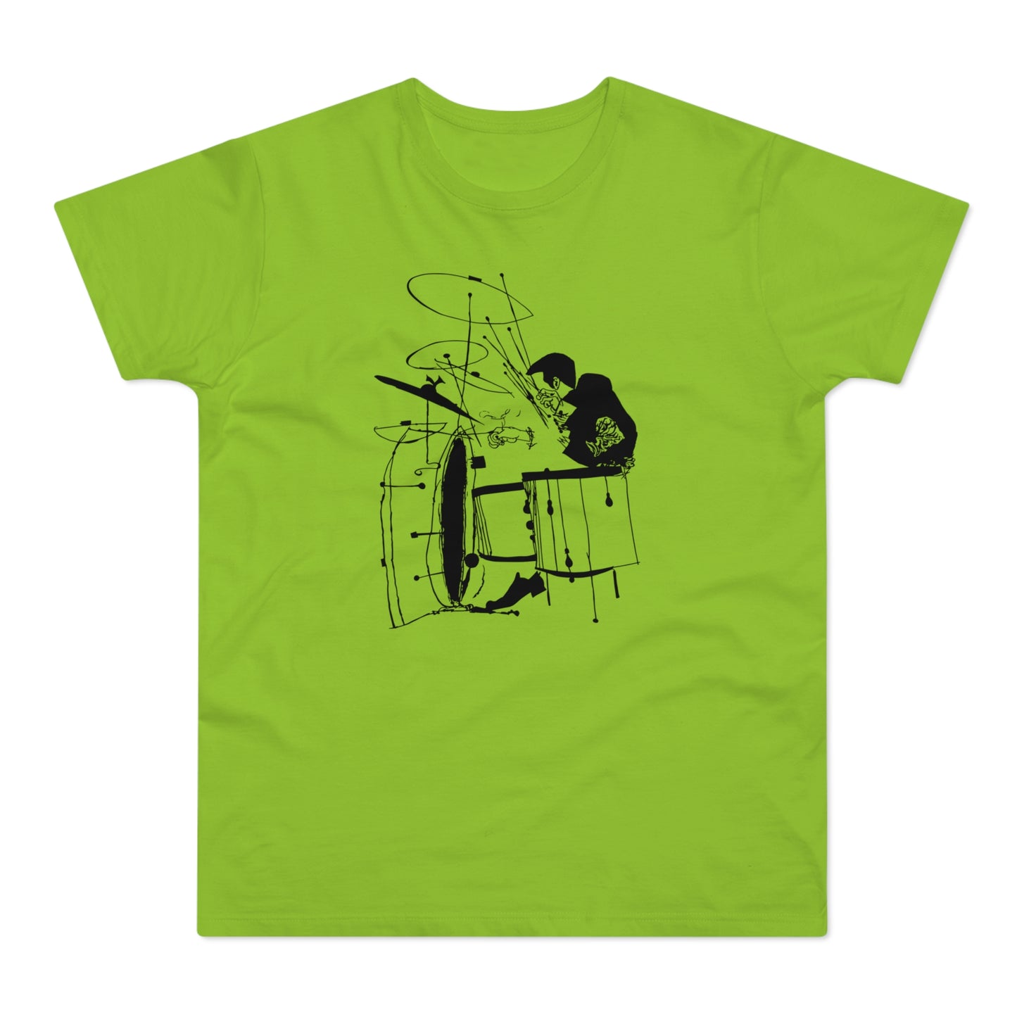 Black silhouette of a drummer playing drums on a lime green t-shirt.