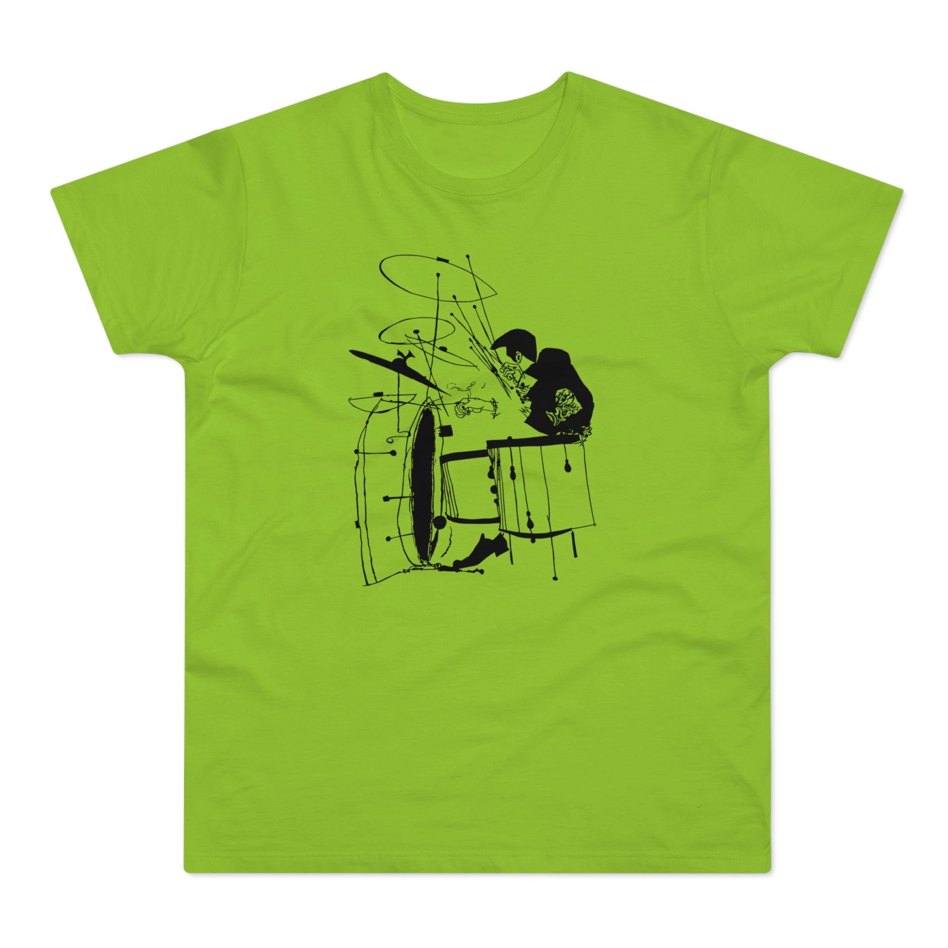 Black silhouette of a drummer playing drums on a lime green t-shirt.