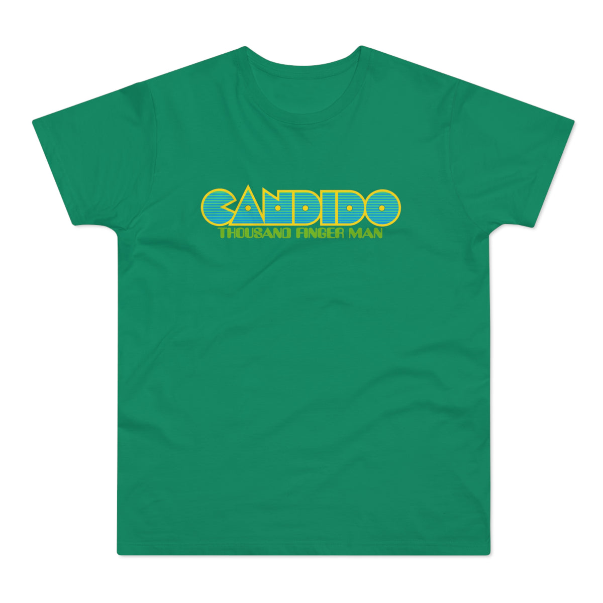 Green t-shirt with blue and yellow "CANDIDO THOUSAND FINGER MAN" text.