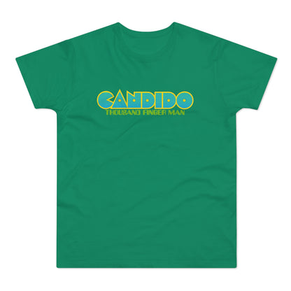 Green t-shirt with blue and yellow "CANDIDO THOUSAND FINGER MAN" text.