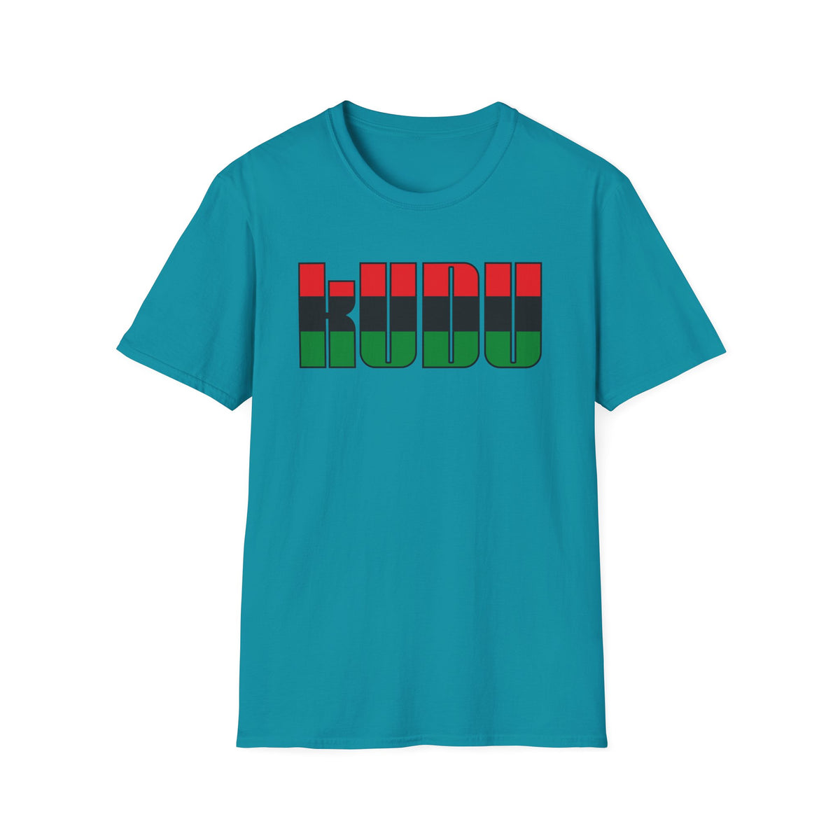 Teal t-shirt with the word "KUDU" in red, black, and green block letters.