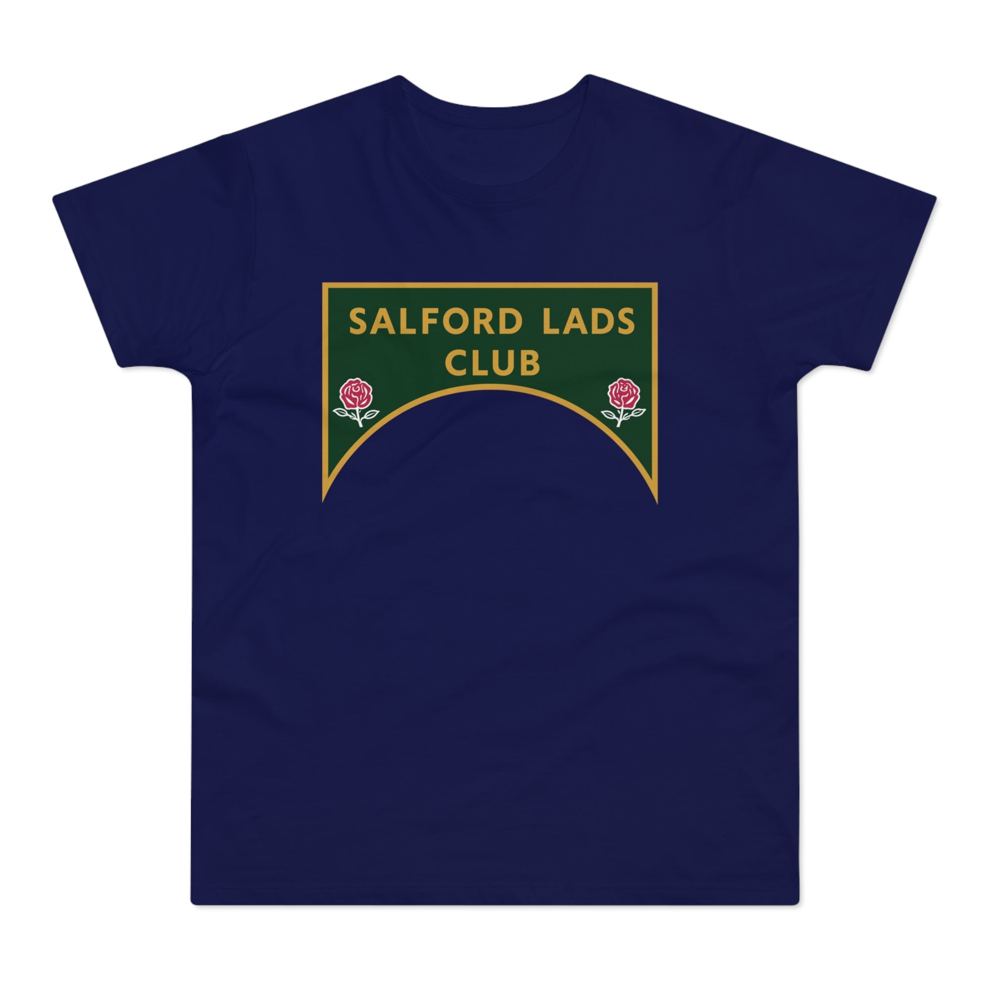 Dark blue t-shirt with green and gold Salford Lads Club logo featuring roses.