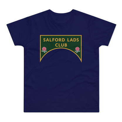 Dark blue t-shirt with green and gold Salford Lads Club logo featuring roses.