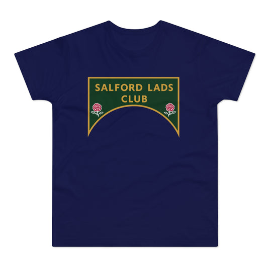 Dark blue t-shirt with green and gold Salford Lads Club logo featuring roses.