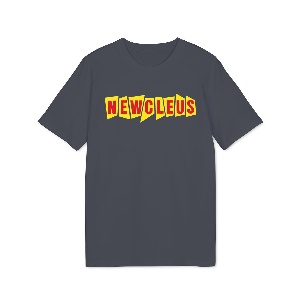 Dark grey t-shirt with yellow block letters spelling "NEWCLEUS" in red.
