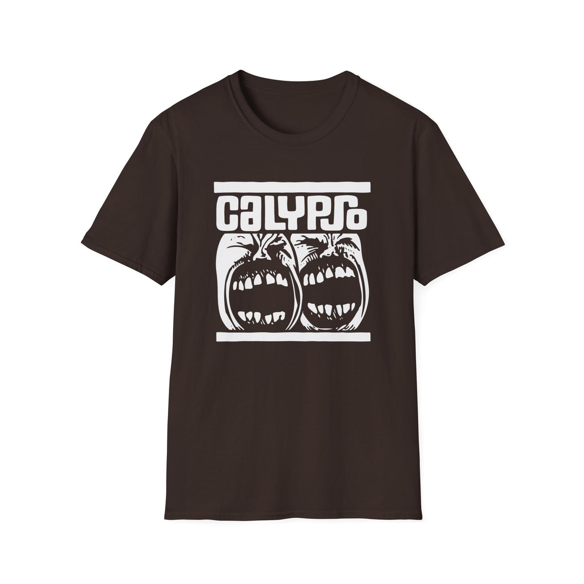 Dark brown t-shirt with white Calypso logo and screaming faces graphic.