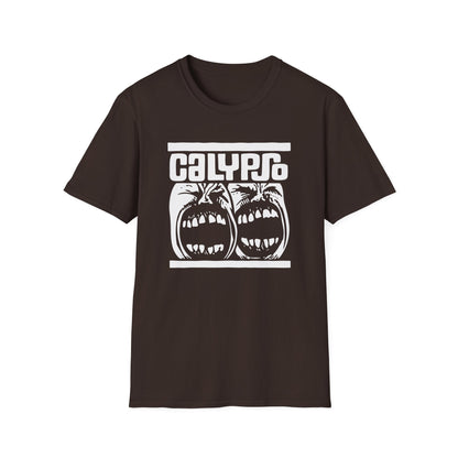 Dark brown t-shirt with white Calypso logo and screaming faces graphic.