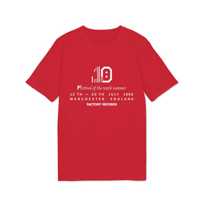 Red t-shirt with "Festival of the tenth summer 12-20 July 1986" and Factory Records.