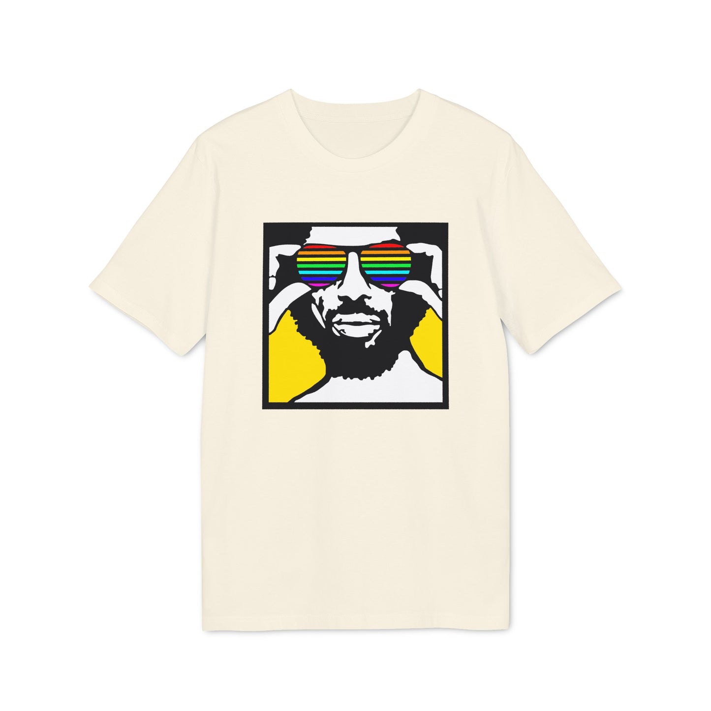 Cream t-shirt with graphic of man wearing rainbow striped sunglasses.