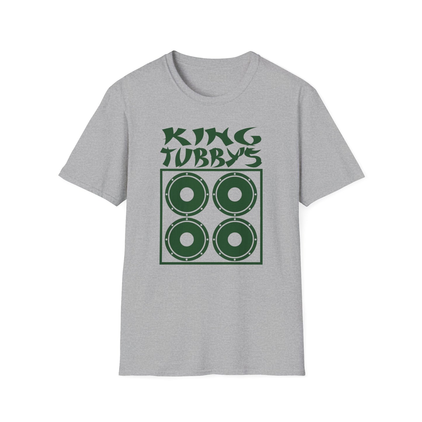 Grey t-shirt with green King Tubby's text and speaker graphic.