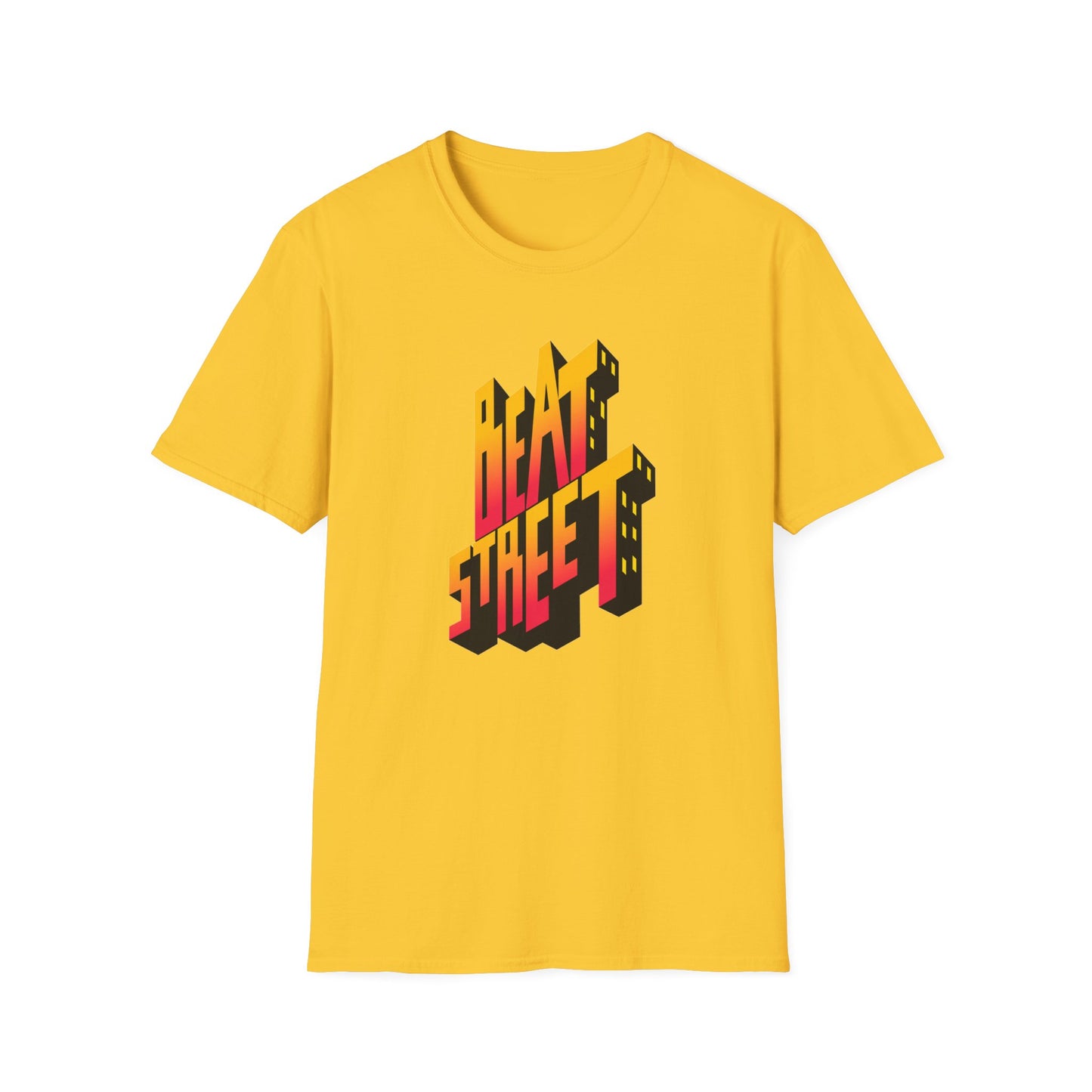 Yellow t-shirt with "BEAT STREET" graphic featuring 3D block lettering and city buildings.