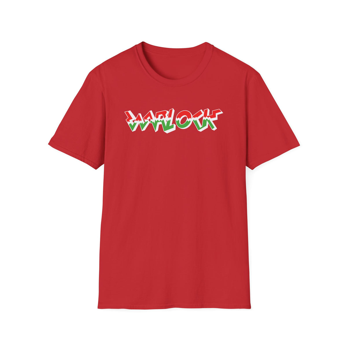 Red t-shirt with green and white "WARLOCK" text on chest.