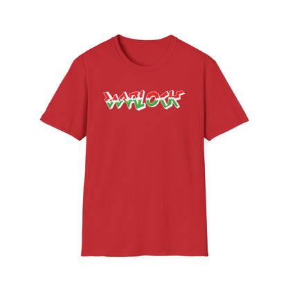 Red t-shirt with green and white "WARLOCK" text on chest.