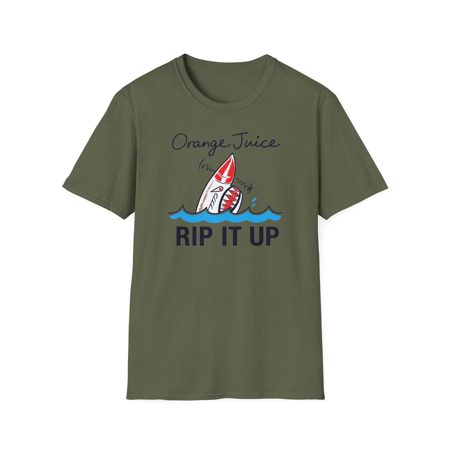 Green t-shirt with an "Orange Juice RIP IT UP" shark graphic.