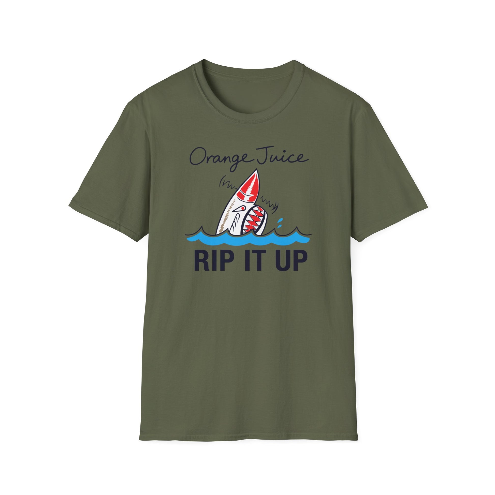 Green t-shirt with an "Orange Juice RIP IT UP" shark graphic.