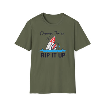 Green t-shirt with an "Orange Juice RIP IT UP" shark graphic.