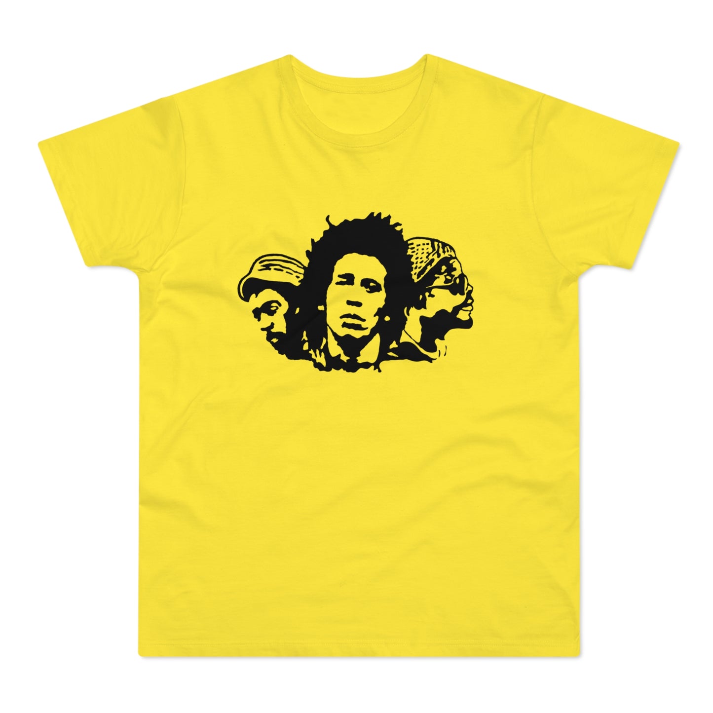 Yellow t-shirt with a black stencil of Bob Marley and two other figures.