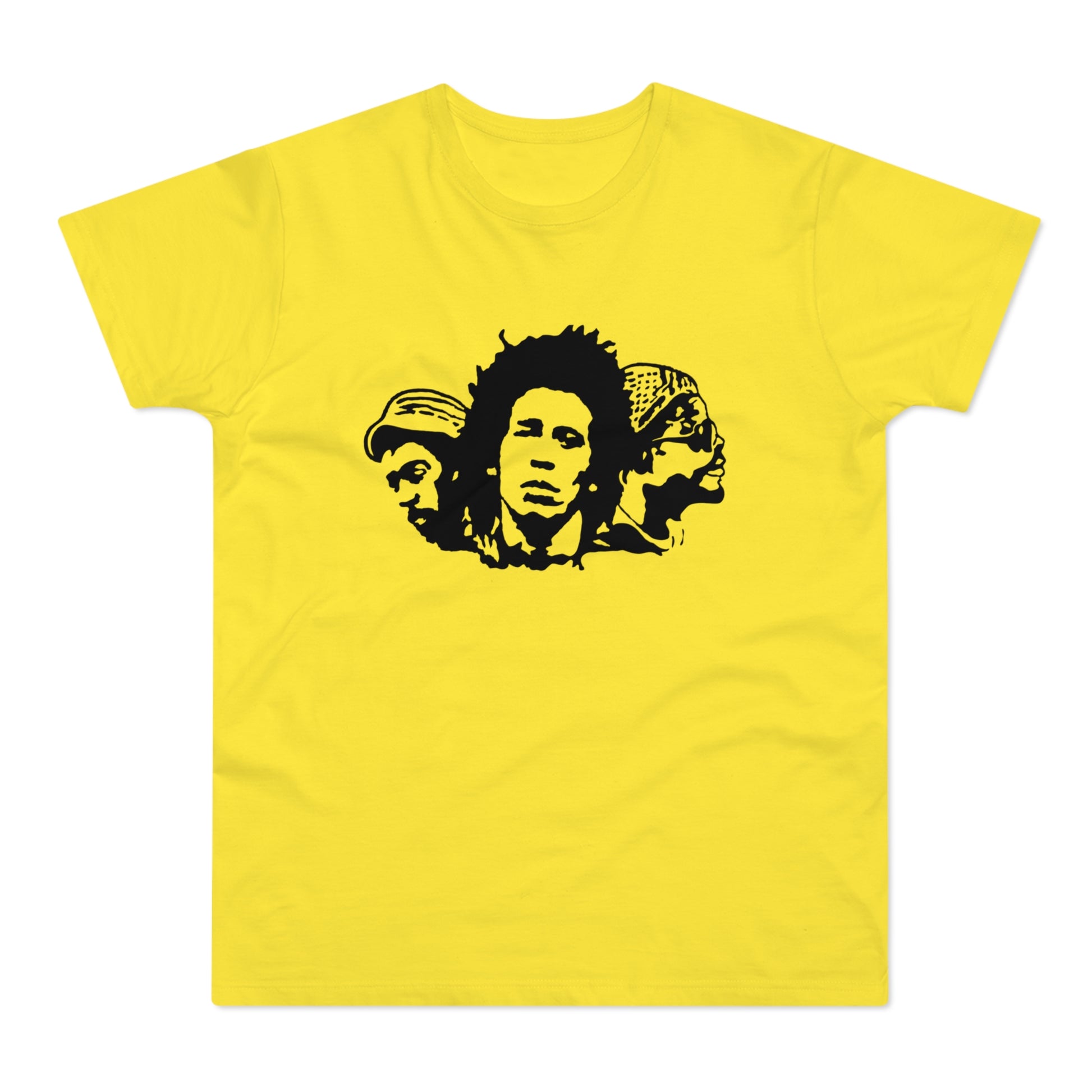 Yellow t-shirt with a black stencil of Bob Marley and two other figures.
