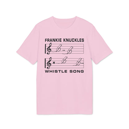 Pink t-shirt with "Frankie Knuckles Whistle Song" and musical notes.