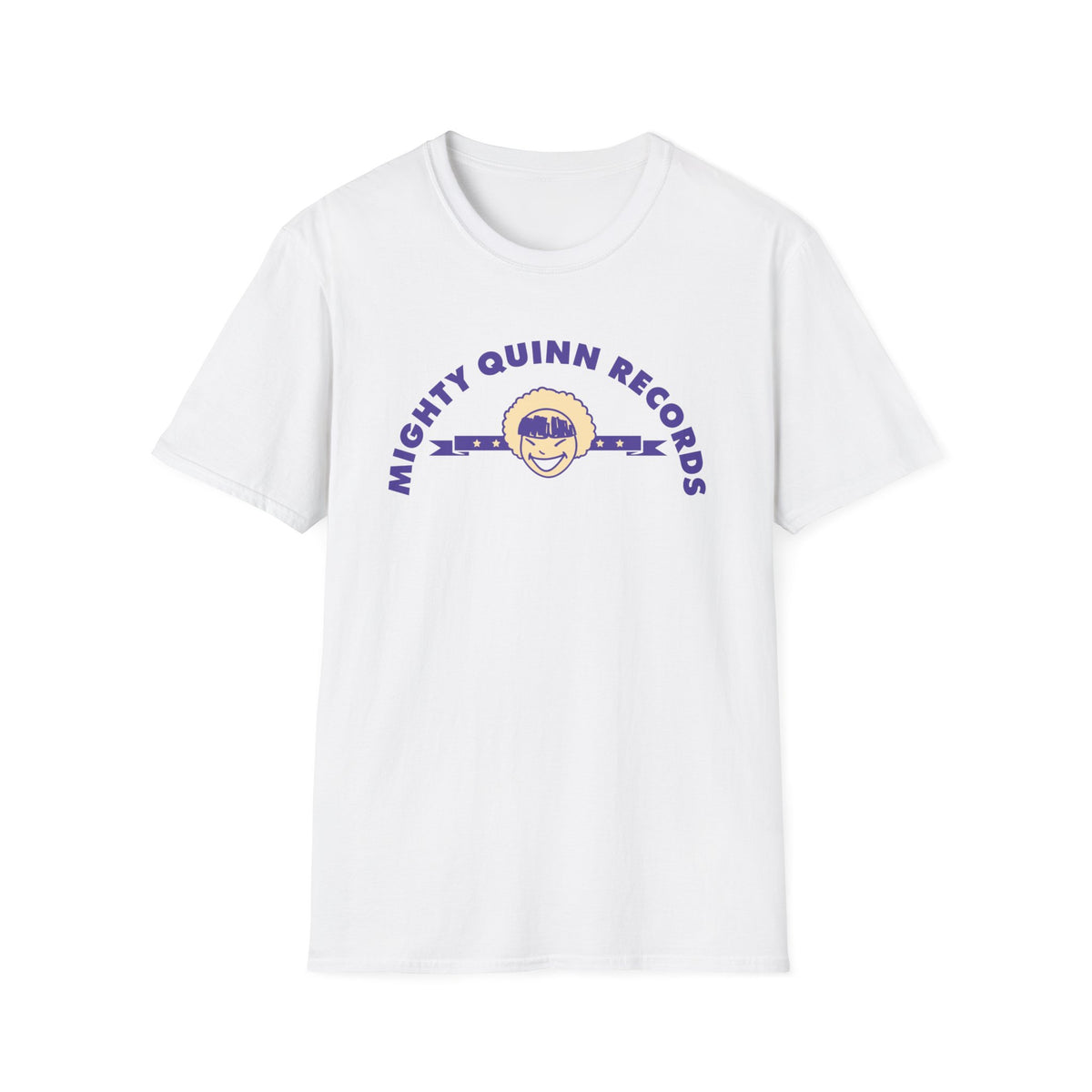 White t-shirt with purple Mighty Quinn Records logo featuring a smiling face.