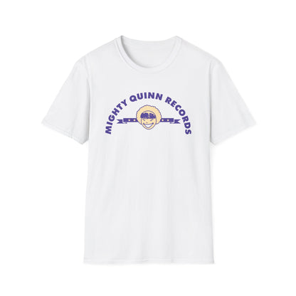 White t-shirt with purple Mighty Quinn Records logo featuring a smiling face.