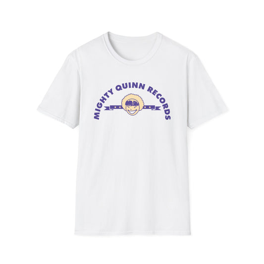 White t-shirt with purple Mighty Quinn Records logo featuring a smiling face.