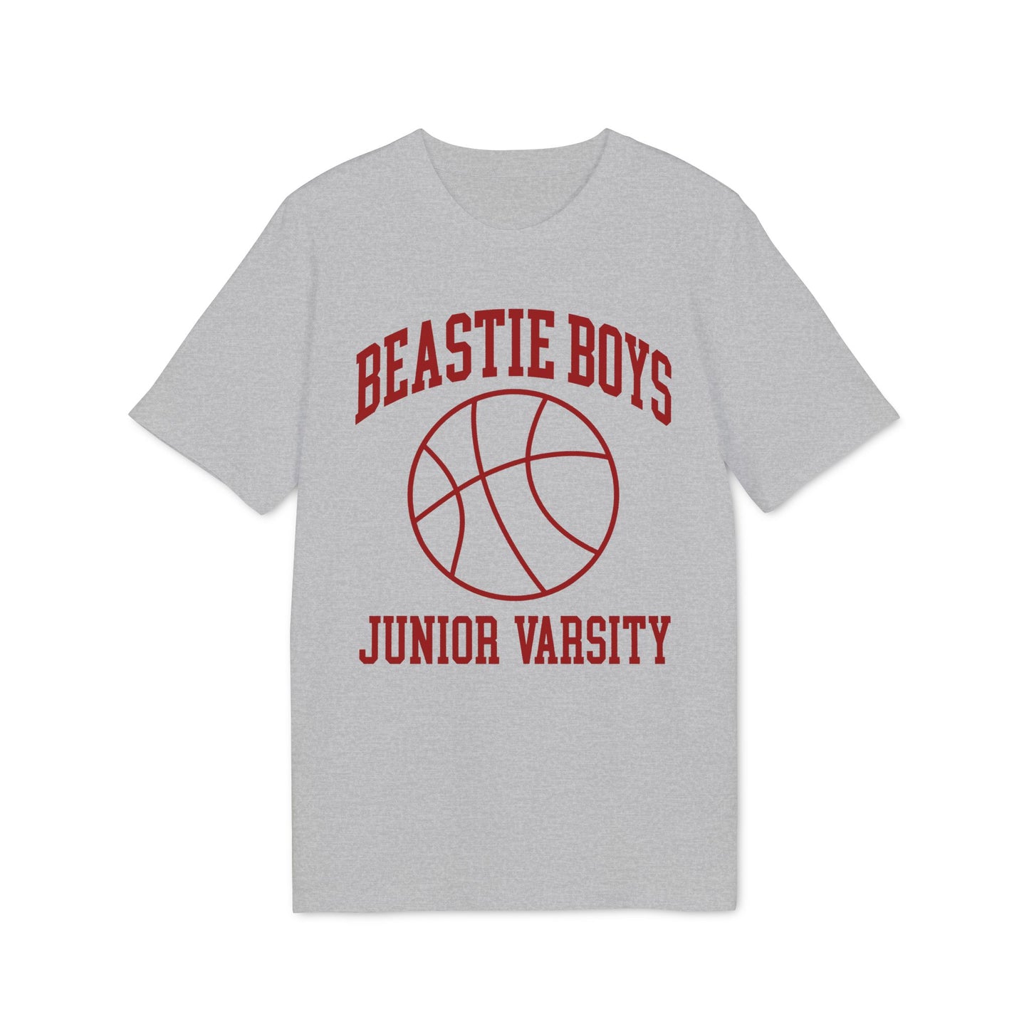 Gray t-shirt with red "Beastie Boys Junior Varsity" text and basketball graphic.