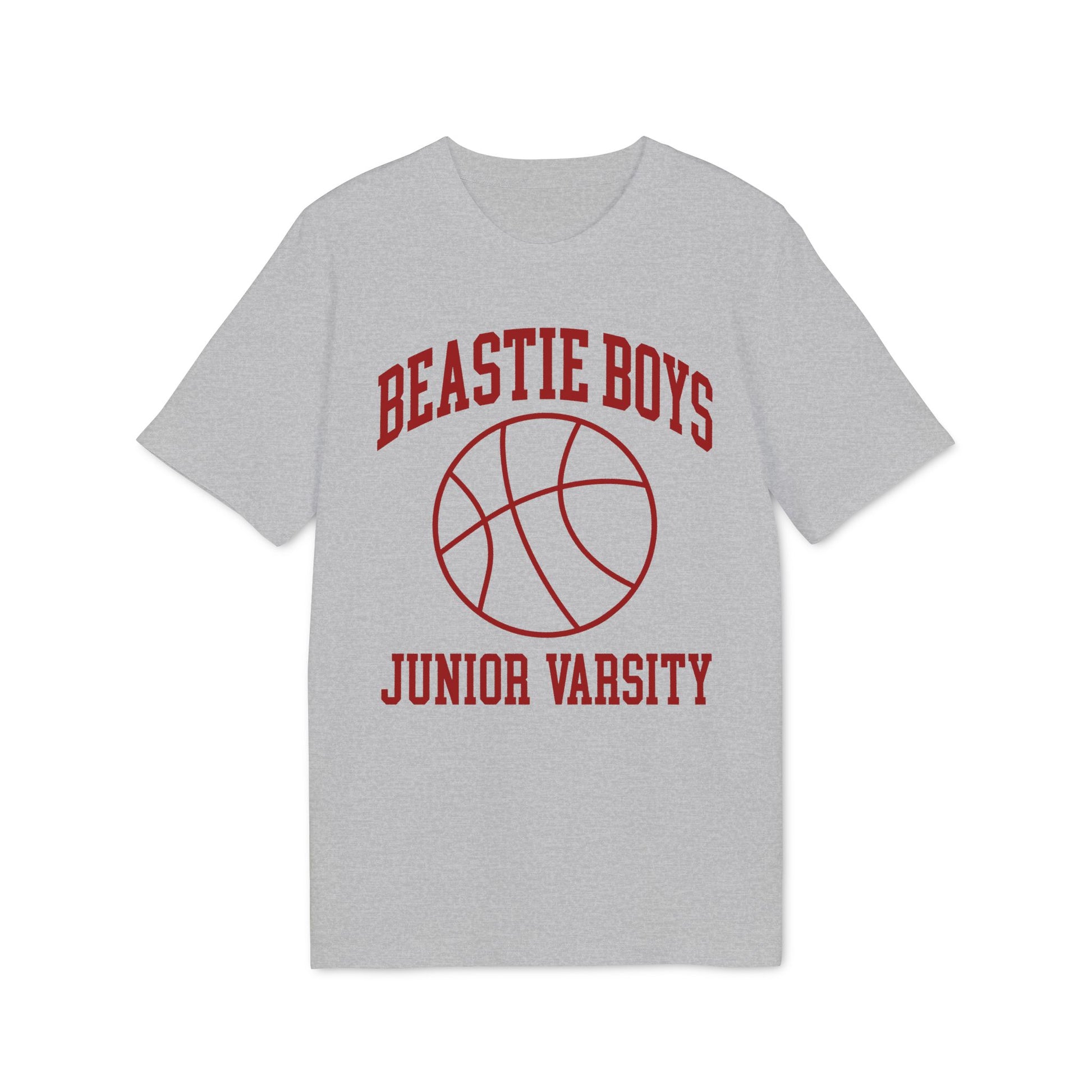 Gray t-shirt with red "Beastie Boys Junior Varsity" text and basketball graphic.