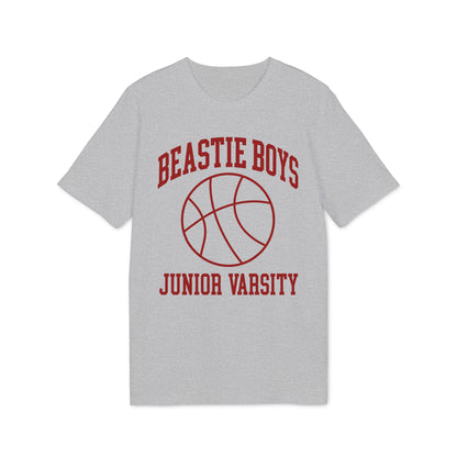 Gray t-shirt with red "Beastie Boys Junior Varsity" text and basketball graphic.