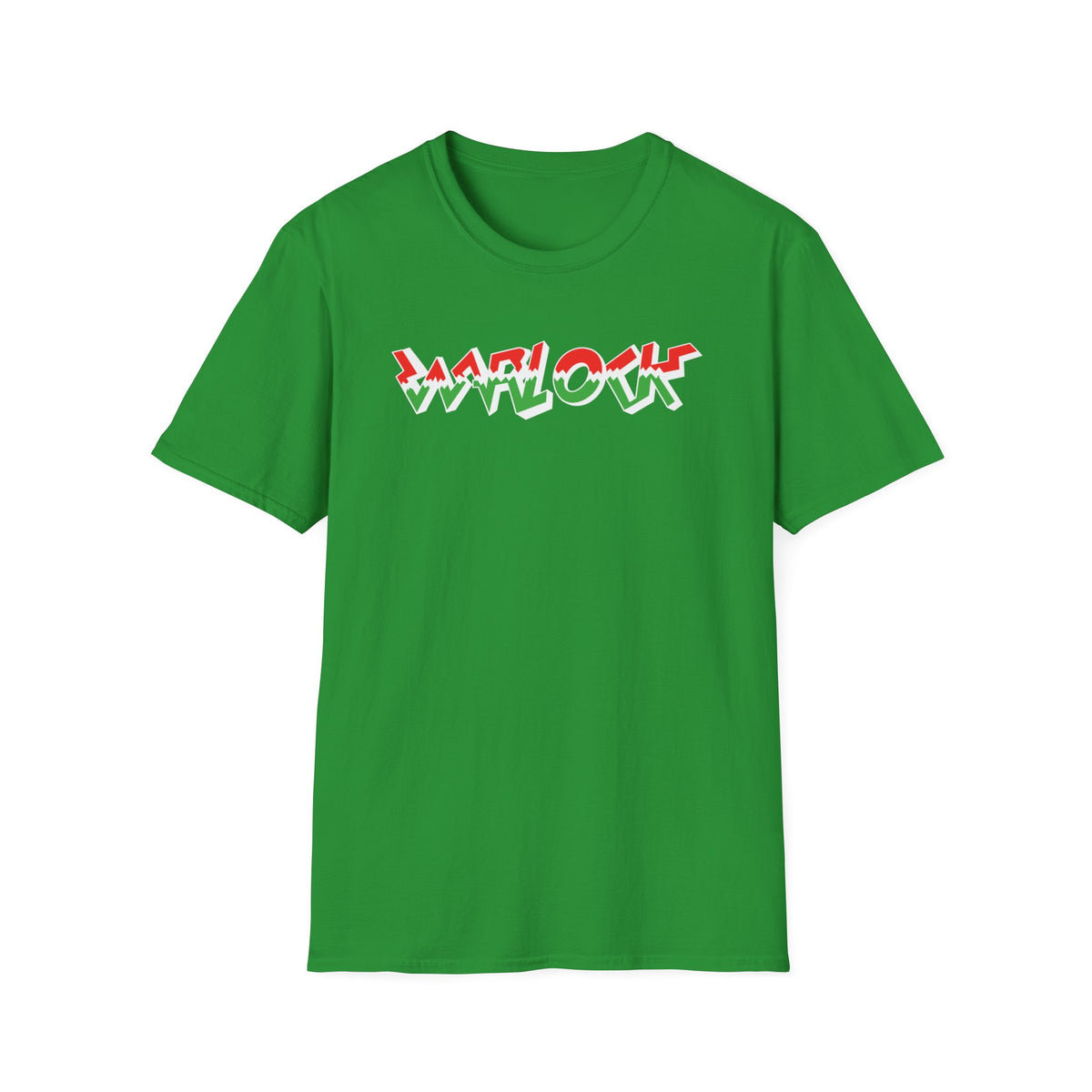 Green t-shirt with red and white "WARLOCK" text logo.