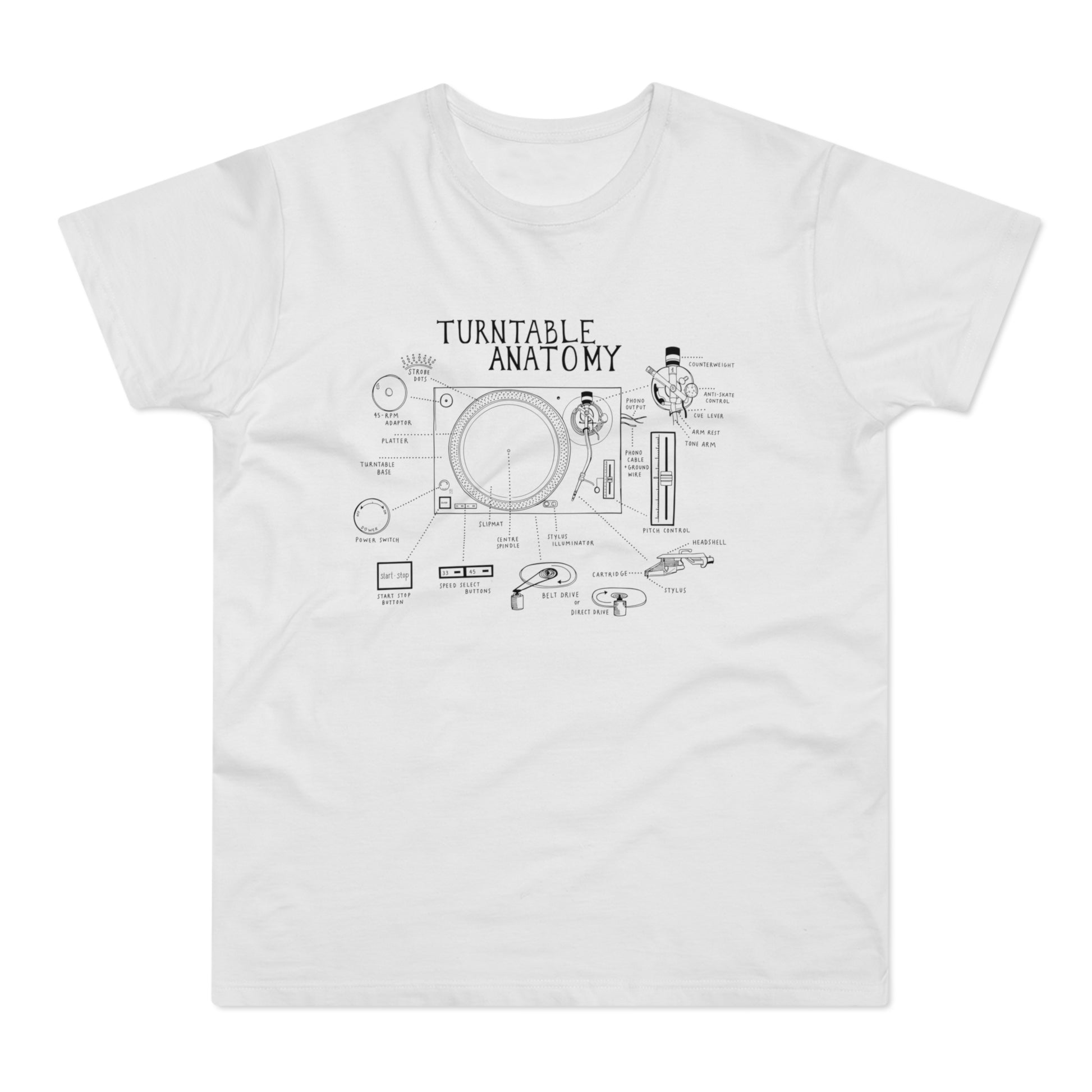 White t-shirt with a diagram of turntable anatomy and its parts labeled.