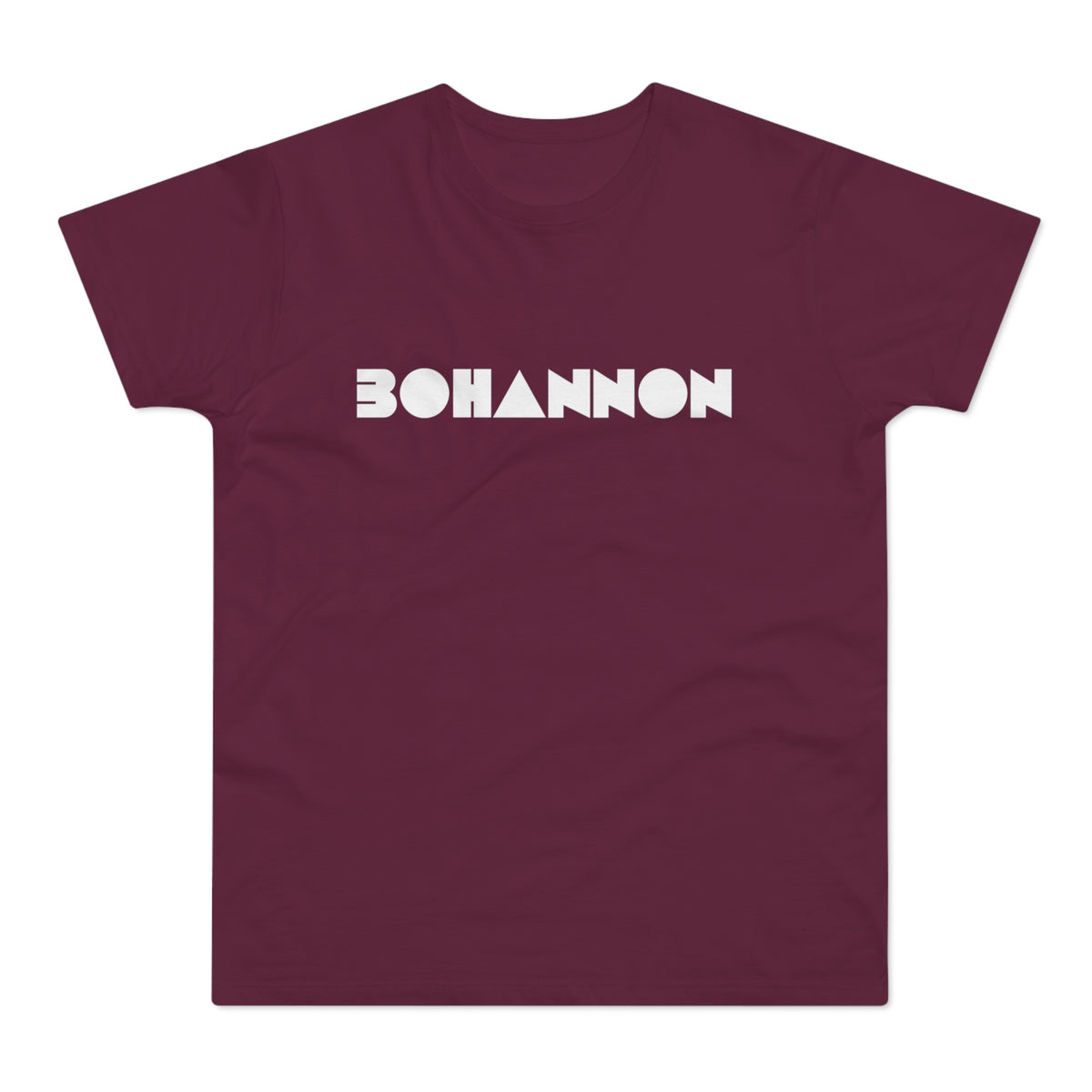 Maroon t-shirt with white "BOHANNON" text in a geometric font.