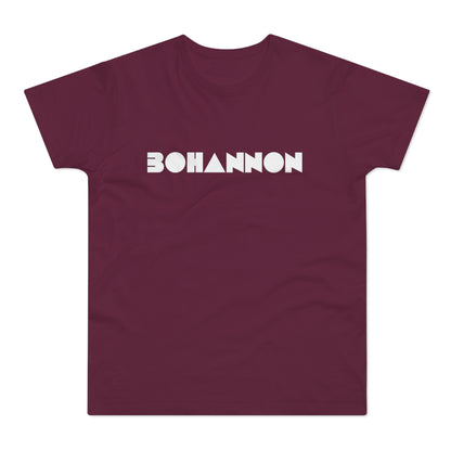 Maroon t-shirt with white "BOHANNON" text in a geometric font.