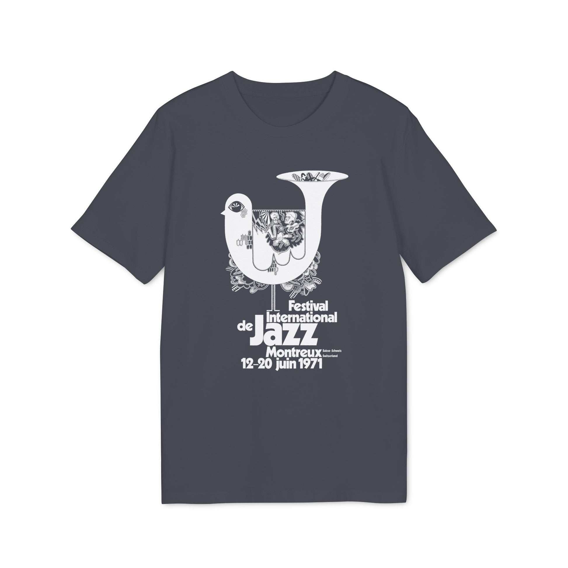 T-shirt with white graphic of bird and text for 1971 jazz festival in Montreux.