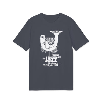 T-shirt with white graphic of bird and text for 1971 jazz festival in Montreux.