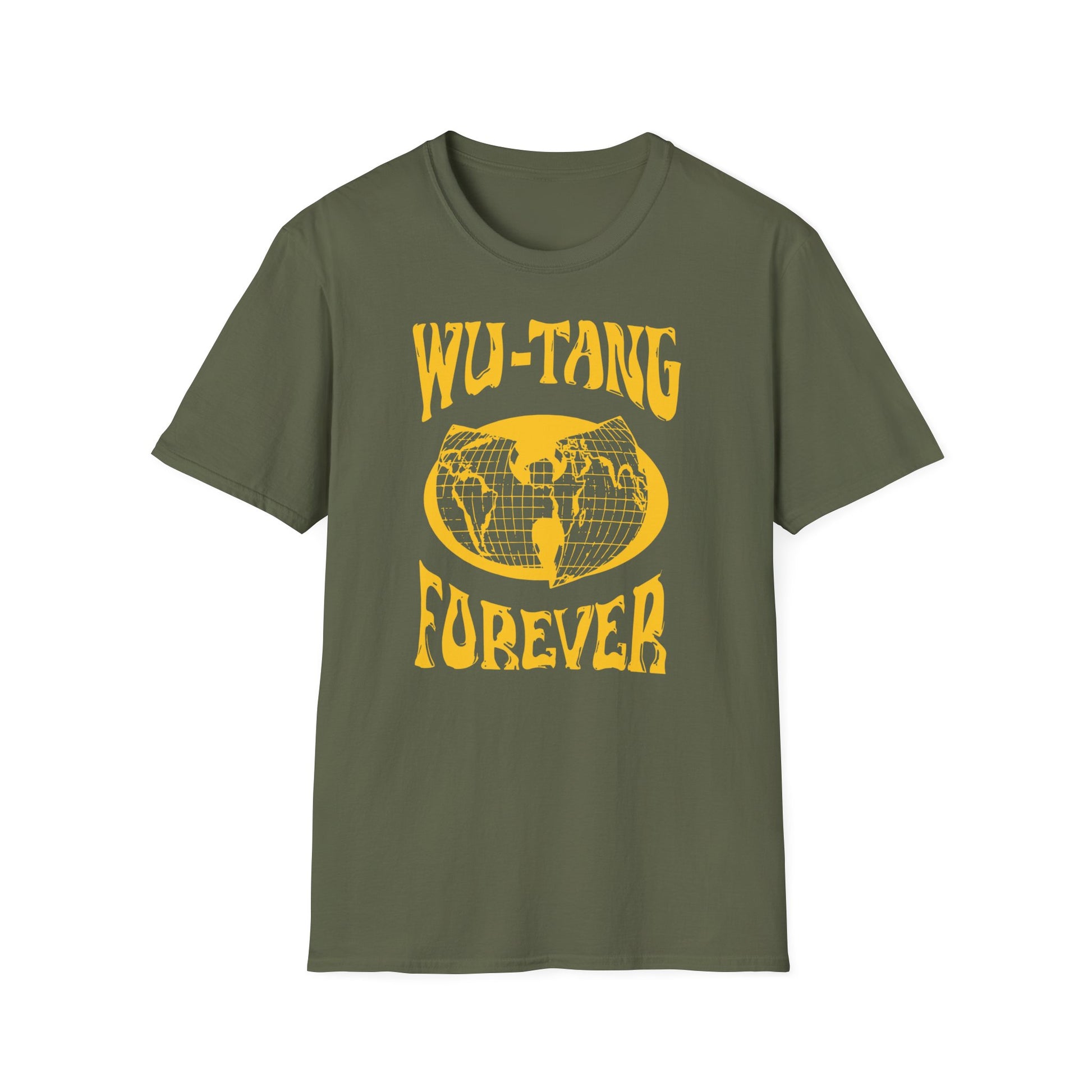 Olive green t-shirt with yellow "Wu-Tang Forever" text and globe graphic.